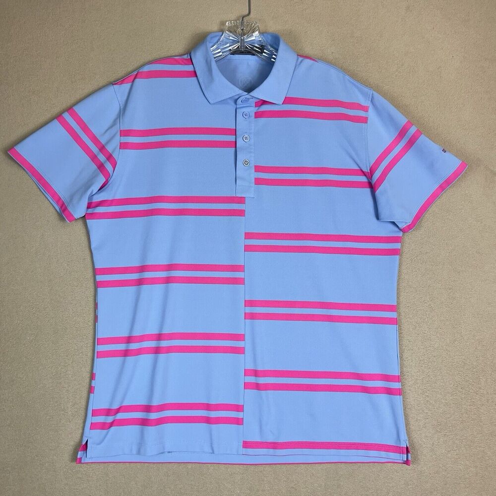 G/FORE Polo Shirt Mens Medium Blue Pink Striped Golf Performance‎ Stretch